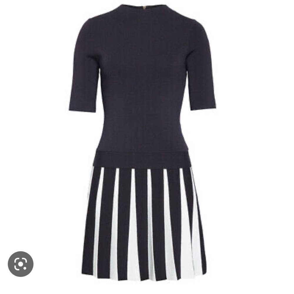 Ted Baker Navy Hethia Pleat Knit Layered Funnel Neck Short Sleeves Dress